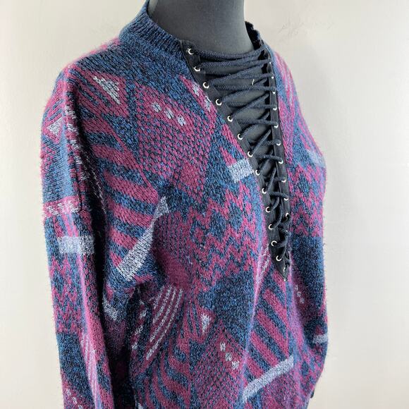 Furst of a Kind Purple Blue Abstract Geo Lace-Up Sweater Long Sleeve Top L XL - Picture 3 of 7